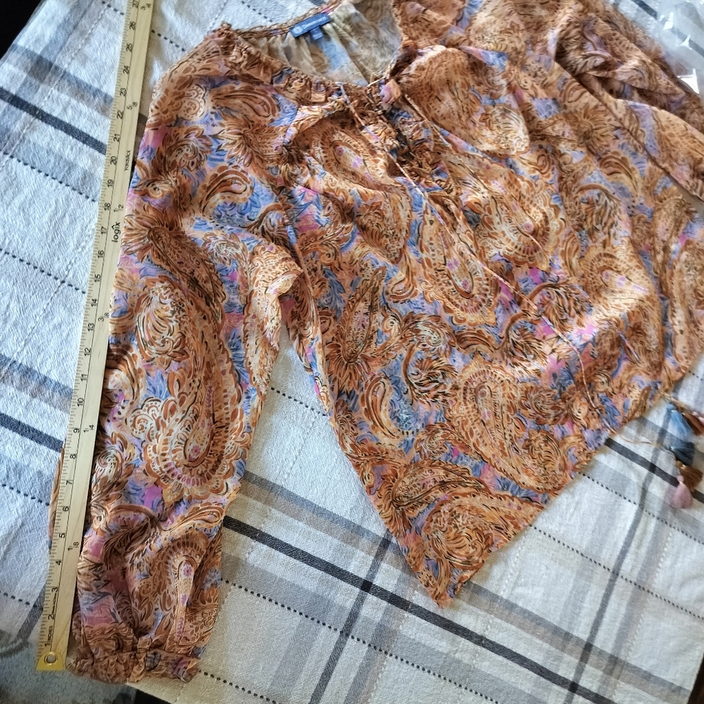 Democracy Women's Sheer Brown Paisley Peasant Top Large Boho 70s whimsigoth - Picture 13 of 14